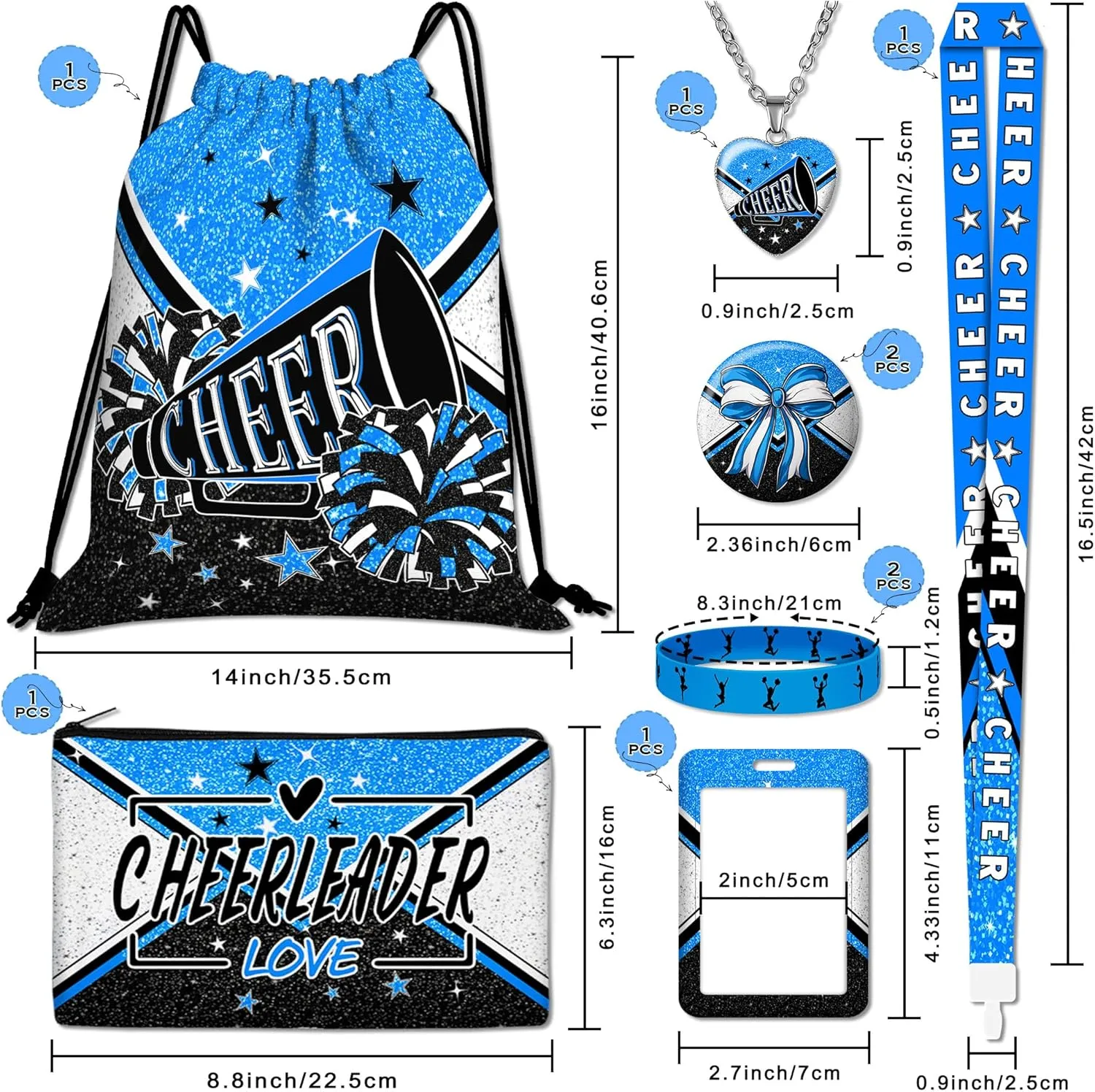 10pcs Cheer Drawstring Backpack Gifts Set with Drawstring Bag,Cosmetic Bag,Stickers,Wristbands,Necklaces,ID Badge,Lanyard,Button Pins-10pcs Cheer Gifts Set-Blue