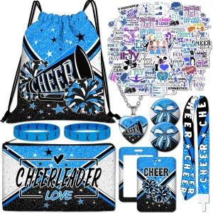 10pcs Cheer Drawstring Backpack Gifts Set with Drawstring Bag,Cosmetic Bag,Stickers,Wristbands,Necklaces,ID Badge,Lanyard,Button Pins-10pcs Cheer Gifts Set-Blue