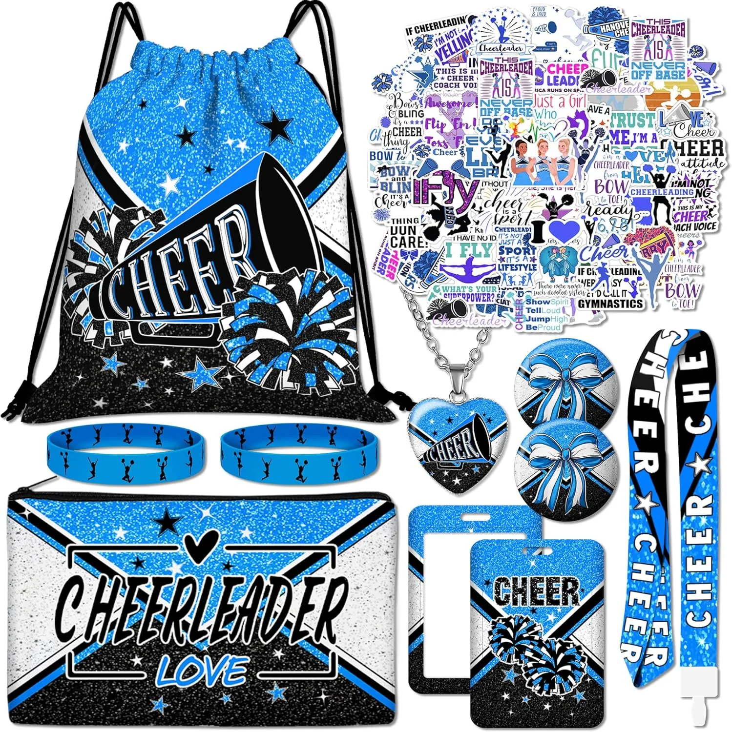 10pcs Cheer Drawstring Backpack Gifts Set with Drawstring Bag,Cosmetic Bag,Stickers,Wristbands,Necklaces,ID Badge,Lanyard,Button Pins-10pcs Cheer Gifts Set-Blue