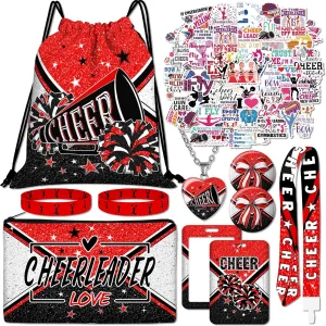 10pcs Cheer Drawstring Backpack Gifts Set with Drawstring Bag,Cosmetic Bag,Stickers,Wristbands,Necklaces,ID Badge,Lanyard,Button Pins-10pcs Cheer Gifts Set-Red