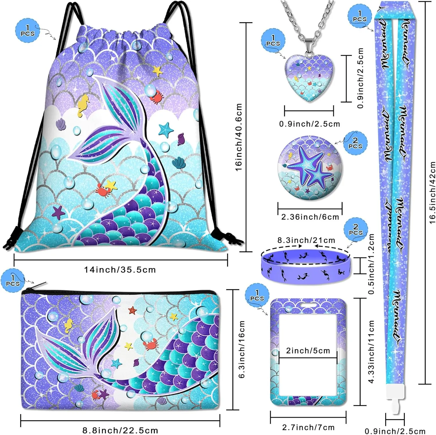 10pcs Mermaid Drawstring Backpack Gifts Set with Drawstring Bag,Cosmetic Bag,Stickers,Wristbands,Necklaces,ID Badge,Lanyard,Button Pins-10pcs Mermaid Gifts Set-Purple