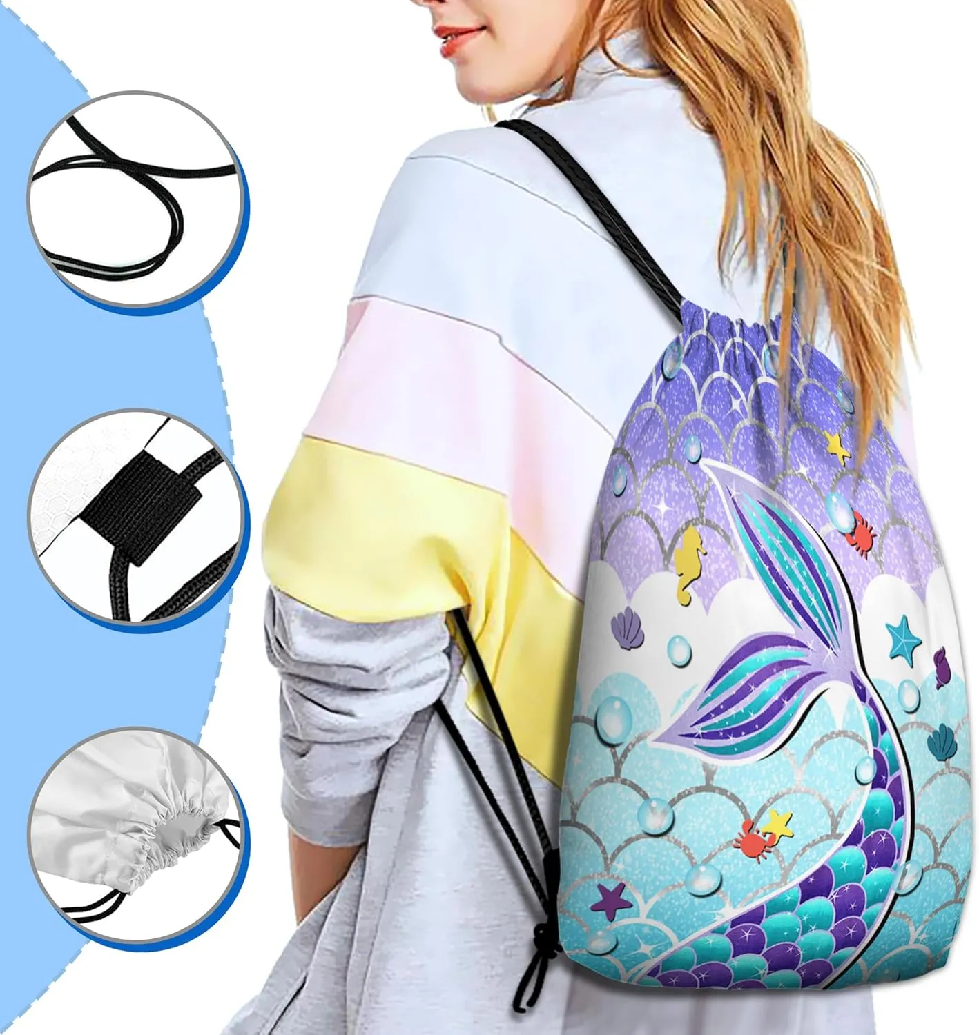 10pcs Mermaid Drawstring Backpack Gifts Set with Drawstring Bag,Cosmetic Bag,Stickers,Wristbands,Necklaces,ID Badge,Lanyard,Button Pins-10pcs Mermaid Gifts Set-Purple
