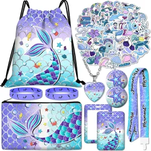 10pcs Mermaid Drawstring Backpack Gifts Set with Drawstring Bag,Cosmetic Bag,Stickers,Wristbands,Necklaces,ID Badge,Lanyard,Button Pins-10pcs Mermaid Gifts Set-Purple