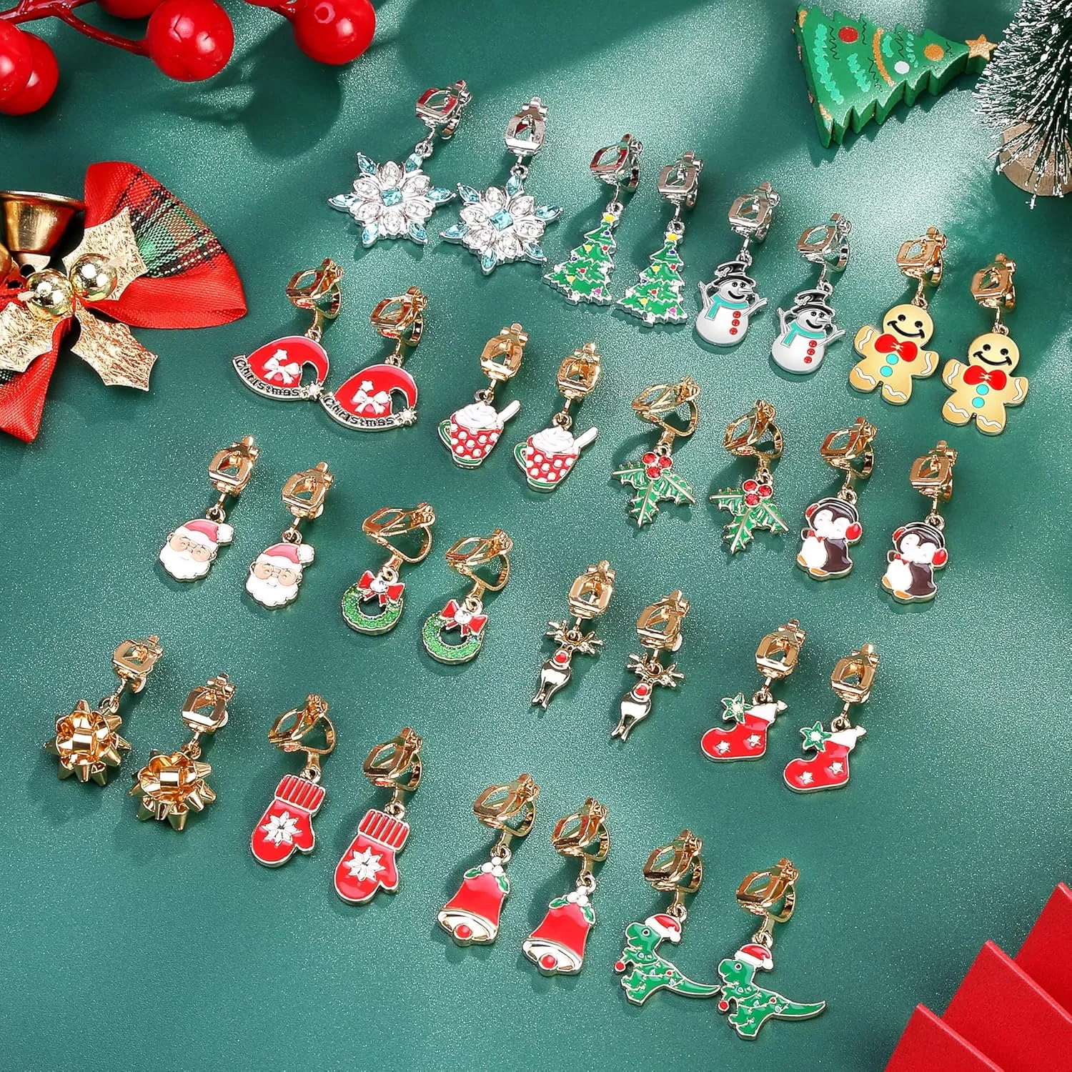 12/16 Pairs Christmas Clip on Earrings for Women Teen Girls Hypoallergenic Snowflake Christmas Tree Bow Bell Snowman Penguin Clip Earrings Xmas Holiday Jewelry Christmas Dangle Clip Earrings Bulk