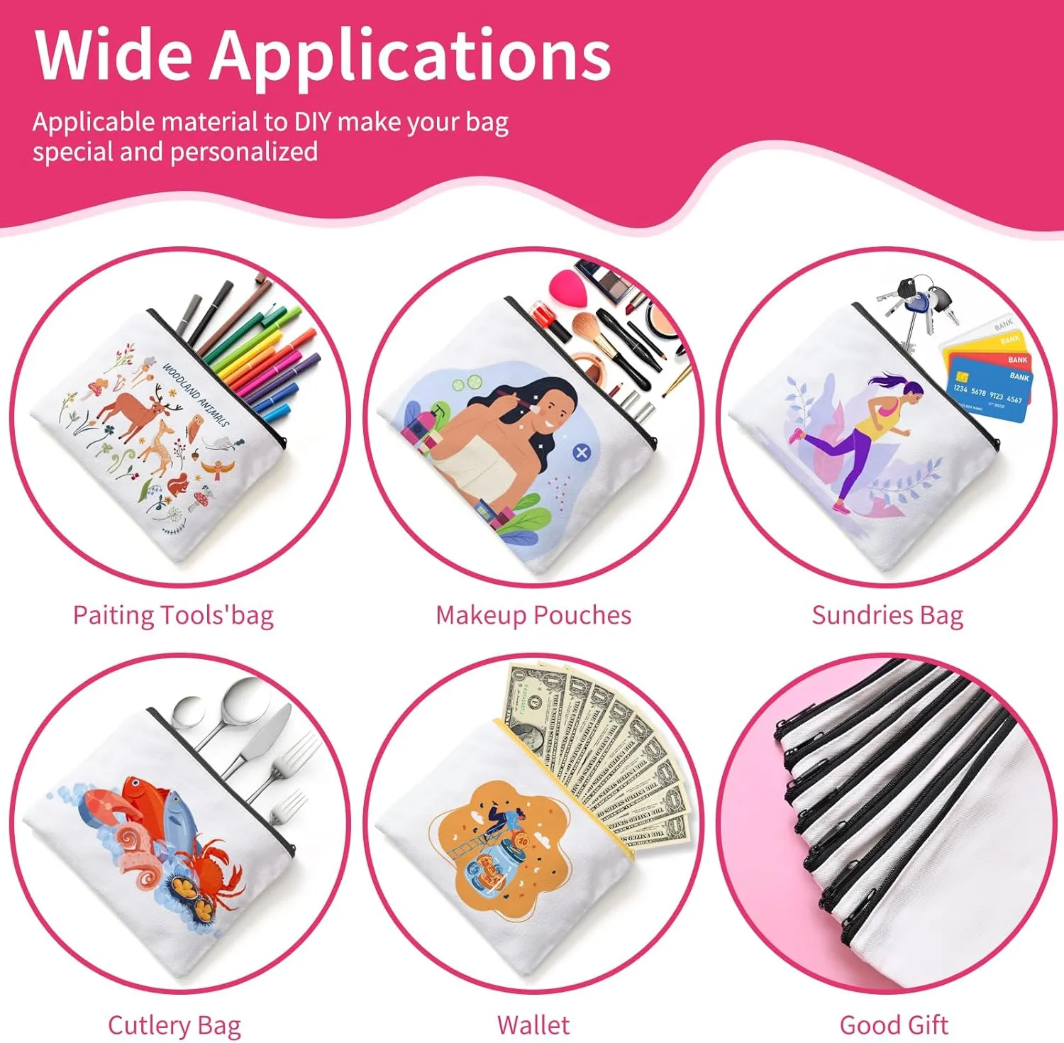 12Pcs Sublimation Blank Canvas Makeup Bags, Bulk Blank DIY Heat Transfer Cosmetic Makeup Bags w/Black Zipper for Bridesmaid Makeup Bag Travel Toiletry Pouch Storage