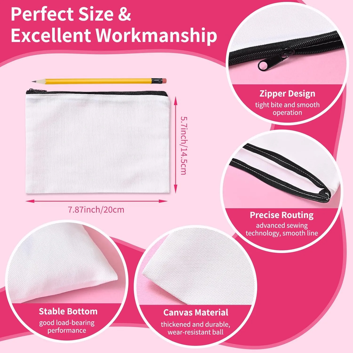 12Pcs Sublimation Blank Canvas Makeup Bags, Bulk Blank DIY Heat Transfer Cosmetic Makeup Bags w/Black Zipper for Bridesmaid Makeup Bag Travel Toiletry Pouch Storage