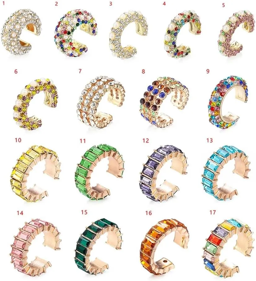 14K Gold Filled Circle Earrings For Women - Small C Shape Crystal Earring Colorful Rhinestone Clip Earring Cubic Zirconia Ear Cuff No Piercing, Gold Oval Hoop Earrings