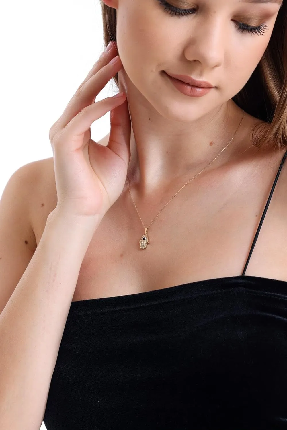 14k Solid Gold Dainty Necklace, Yellow Gold Pendant, Hand of Fatima Necklace, Gold Necklace for Women | 18''