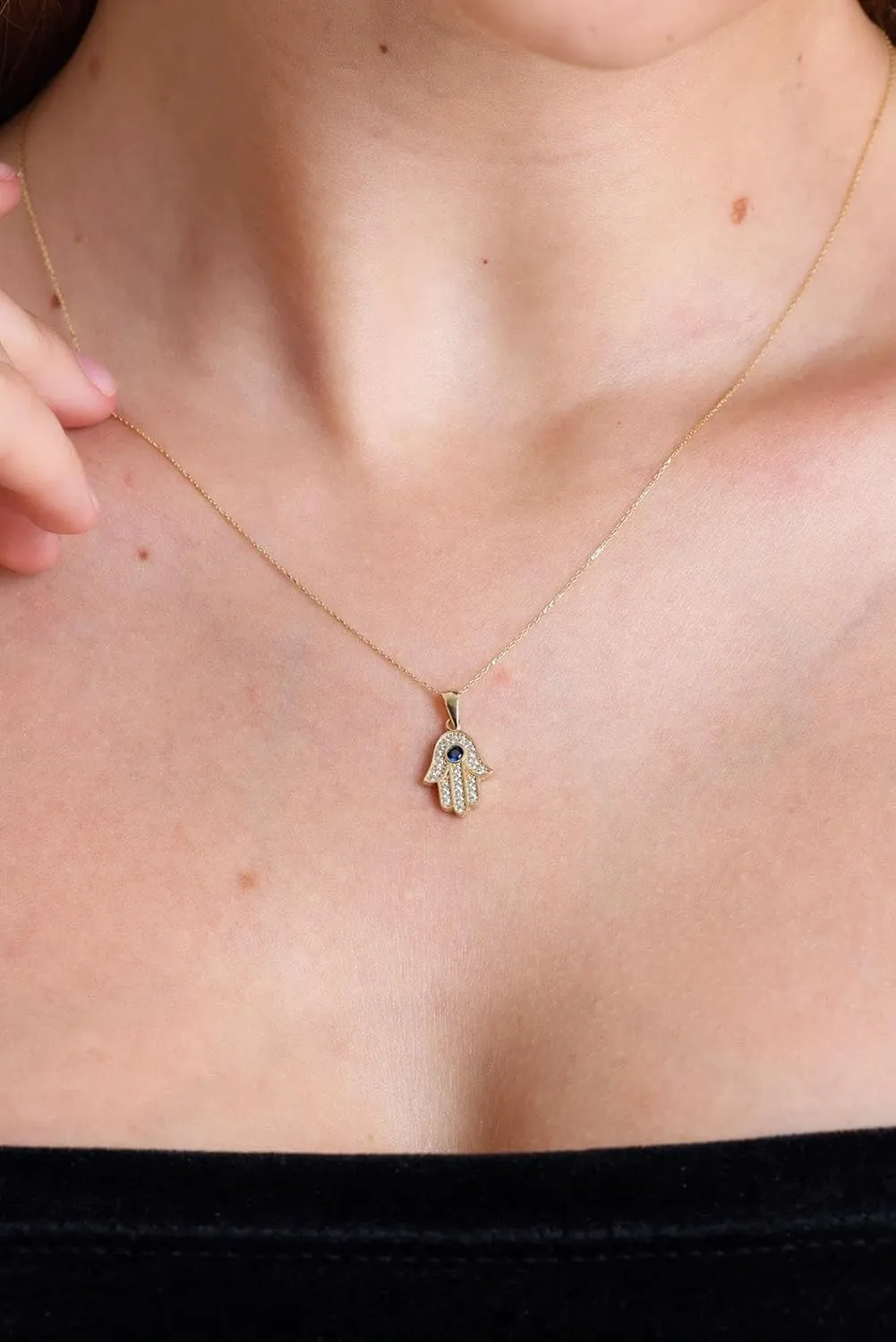 14k Solid Gold Dainty Necklace, Yellow Gold Pendant, Hand of Fatima Necklace, Gold Necklace for Women | 18''