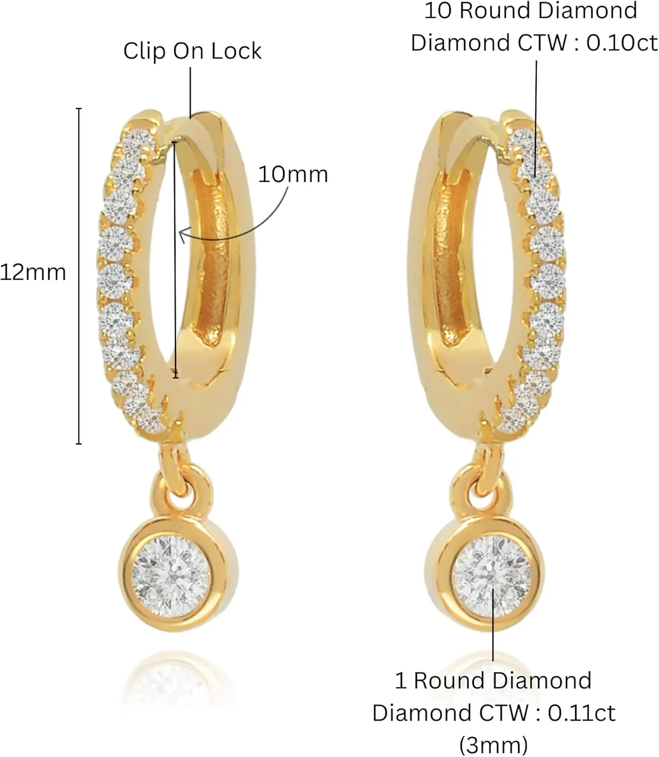 14K Solid Hoops Earrings/Bezel Diamond (0.42ct) Dangle Earrings/Tiny Hoop Earrings/Small Diamond Hoops/Diamond Huggie Hoop Earrings/Gift For Her.