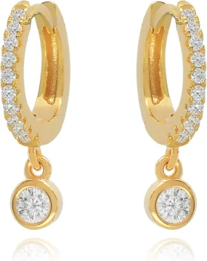 14K Solid Hoops Earrings/Bezel Diamond (0.42ct) Dangle Earrings/Tiny Hoop Earrings/Small Diamond Hoops/Diamond Huggie Hoop Earrings/Gift For Her.