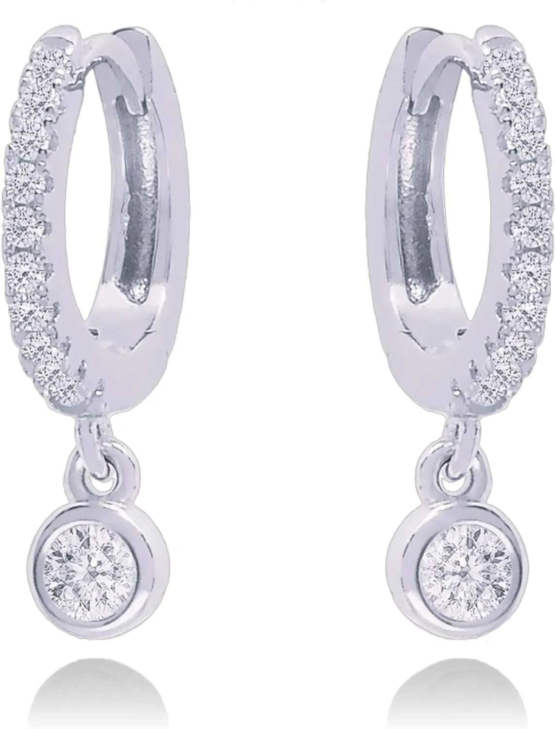 14K Solid Hoops Earrings/Bezel Diamond (0.42ct) Dangle Earrings/Tiny Hoop Earrings/Small Diamond Hoops/Diamond Huggie Hoop Earrings/Gift For Her.