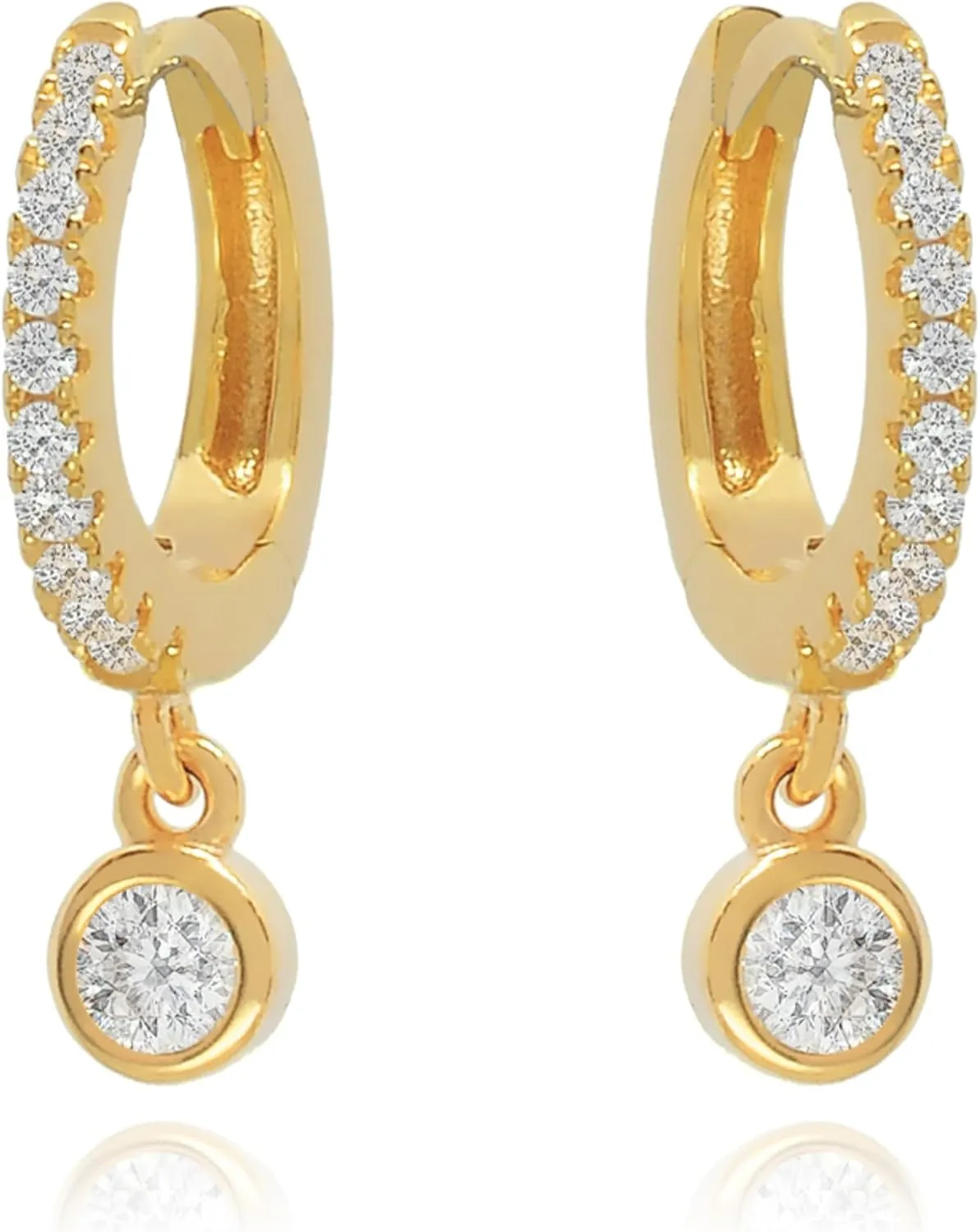 14K Solid Hoops Earrings/Bezel Diamond (0.42ct) Dangle Earrings/Tiny Hoop Earrings/Small Diamond Hoops/Diamond Huggie Hoop Earrings/Gift For Her.