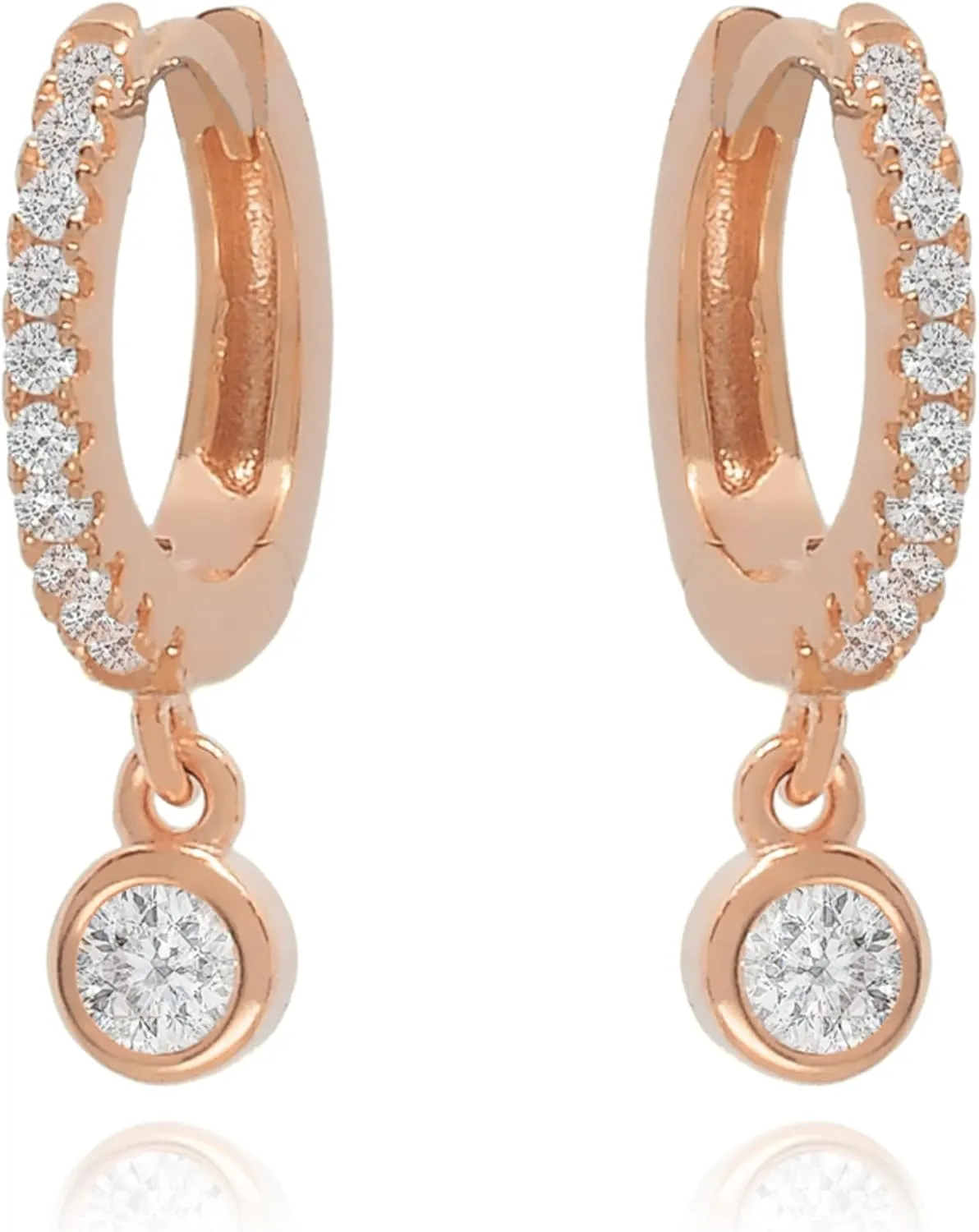 14K Solid Hoops Earrings/Bezel Diamond (0.42ct) Dangle Earrings/Tiny Hoop Earrings/Small Diamond Hoops/Diamond Huggie Hoop Earrings/Gift For Her.