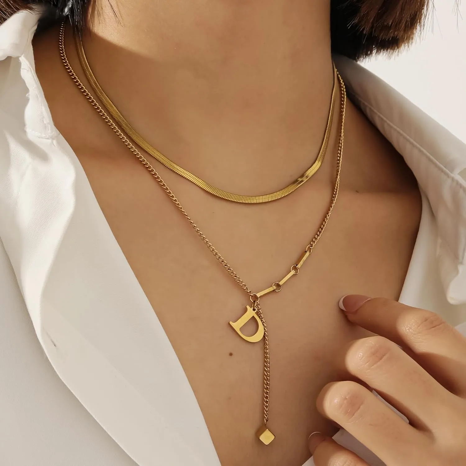 2-Pcs Initial Necklaces for Women  Trendy Gold Layered Necklaces Adjustable 14K Gold Plated Jewelry Y-Necklaces Gift for Her