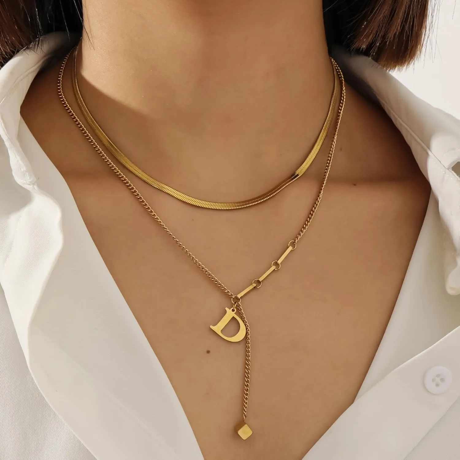 2-Pcs Initial Necklaces for Women  Trendy Gold Layered Necklaces Adjustable 14K Gold Plated Jewelry Y-Necklaces Gift for Her
