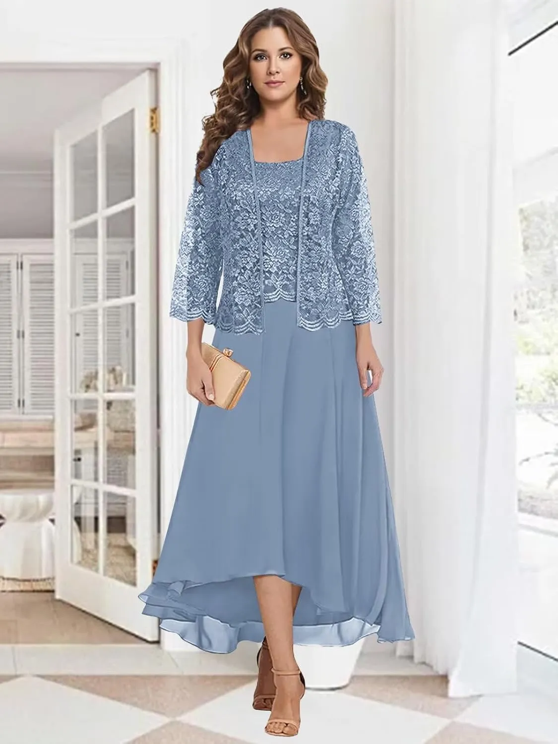 2 Pieces Tea Length Mother of The Bride Dresses for Women Wedding Lace Chiffon Formal Evening Gown with Jacket