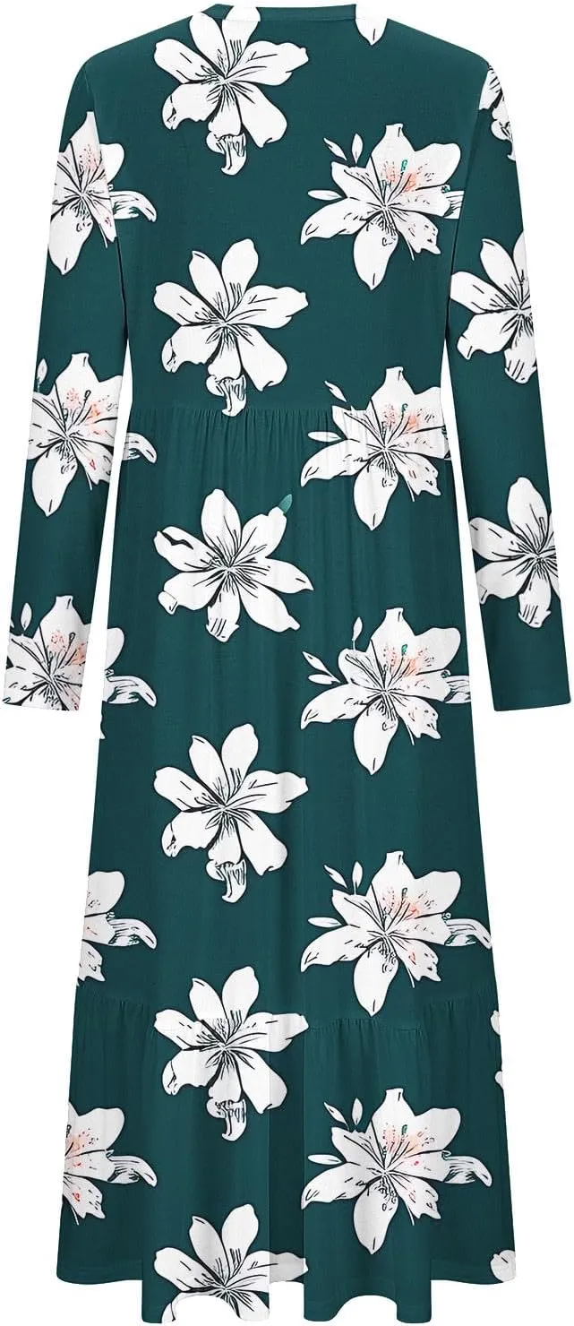 2024 Long Sleeve Casual Dress Tunics for Women Crew Neck Pullover Patchwork Plus Size Maxi Dresses with Pockets