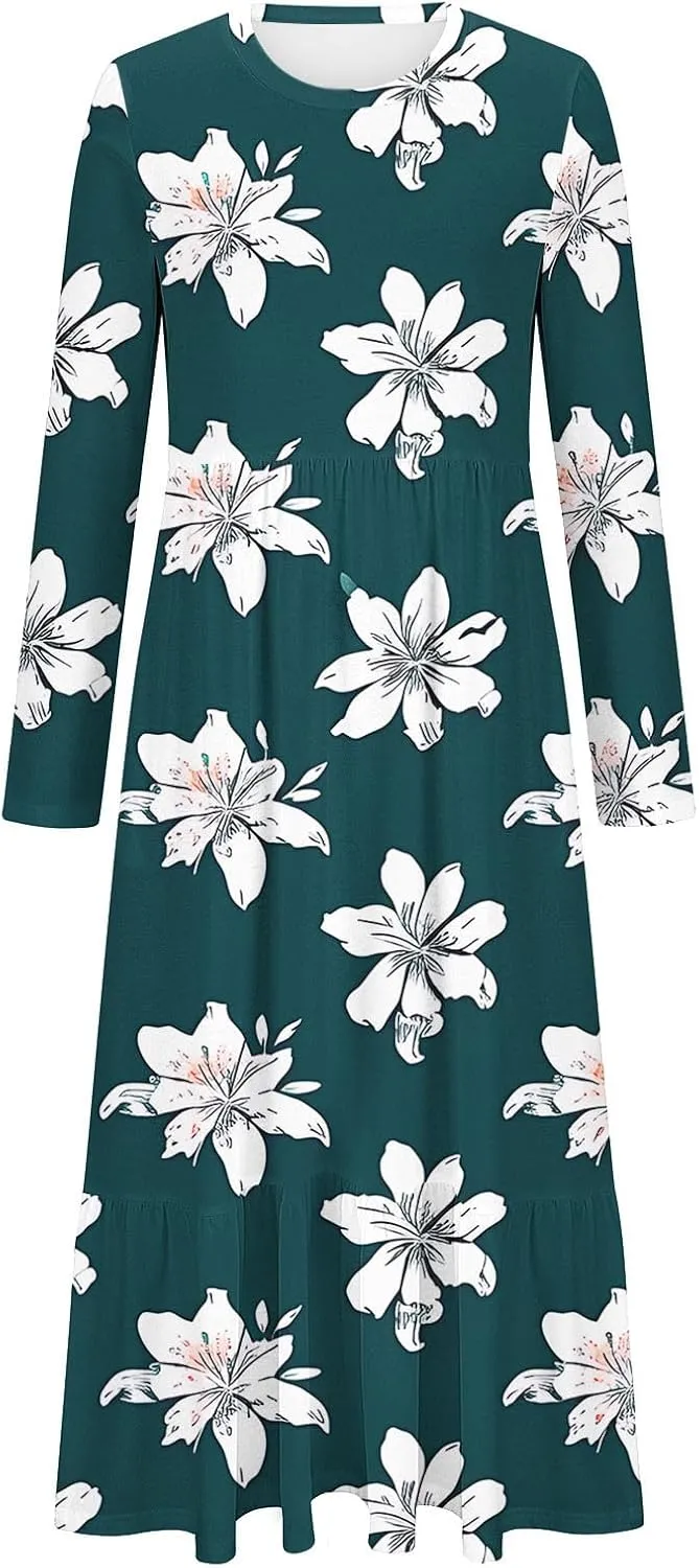 2024 Long Sleeve Casual Dress Tunics for Women Crew Neck Pullover Patchwork Plus Size Maxi Dresses with Pockets