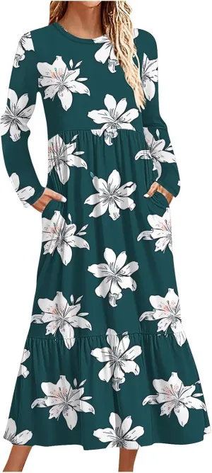 2024 Long Sleeve Casual Dress Tunics for Women Crew Neck Pullover Patchwork Plus Size Maxi Dresses with Pockets