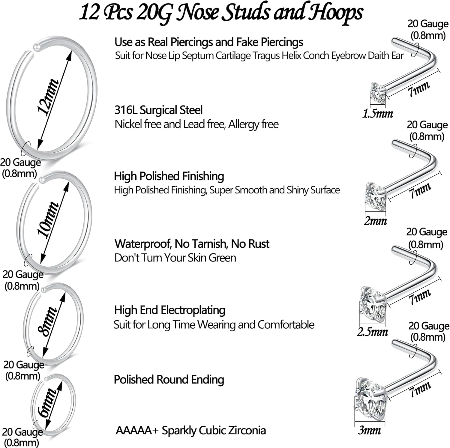 24Pcs 20 Gauge Nose Piercings Nose Rings Hoops for Women Men 316L Surgical Steel Cartilage Helix Tragus Hoop Earrings Lip Rings Septum Rings Clip on Real Nose Rings Bendable 6mm 8mm 10mm 12mm Fake Nose Ring Fake Septum Piercings