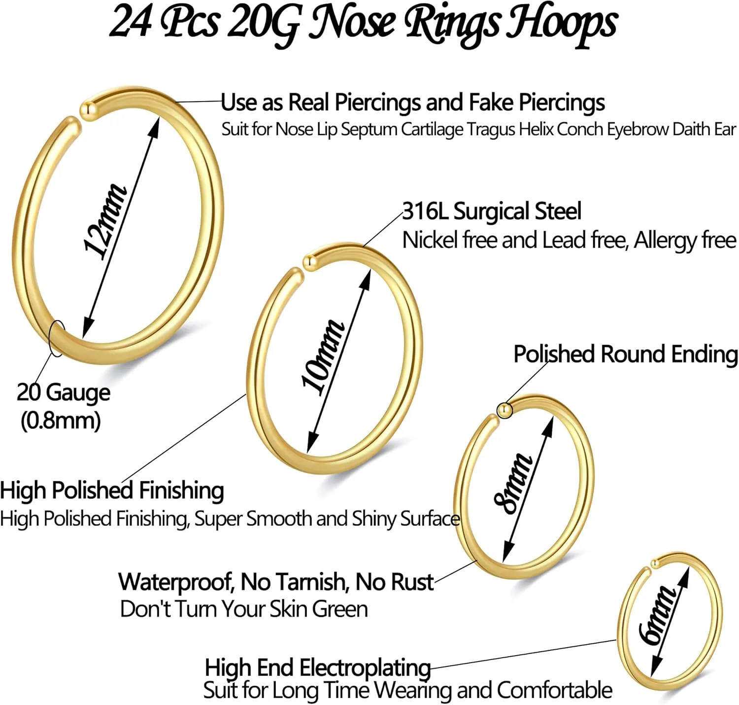 24Pcs 20 Gauge Nose Piercings Nose Rings Hoops for Women Men 316L Surgical Steel Cartilage Helix Tragus Hoop Earrings Lip Rings Septum Rings Clip on Real Nose Rings Bendable 6mm 8mm 10mm 12mm Fake Nose Ring Fake Septum Piercings