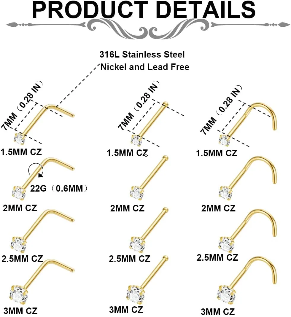 24PCS 22G 316L Stainless Steel Nose Rings Hoop for Women Men Nose Studs CZ Cartilage Helix Tragus Piercing Jewelry