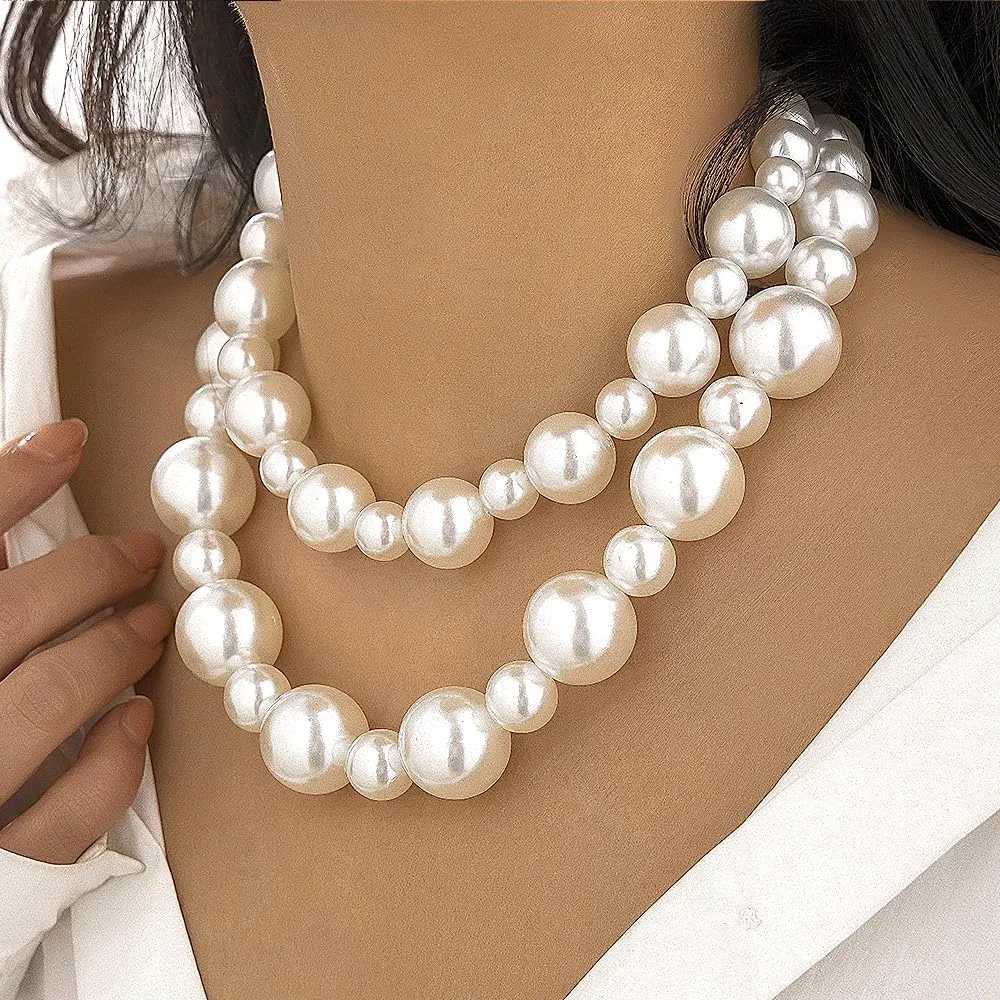 2Pcs Large Pearl Necklaces for Women Layered Chunky Pearl Choker Necklaces Set Exaggerated Big Statement Necklaces Trendy Jewelry Accessory Gifts