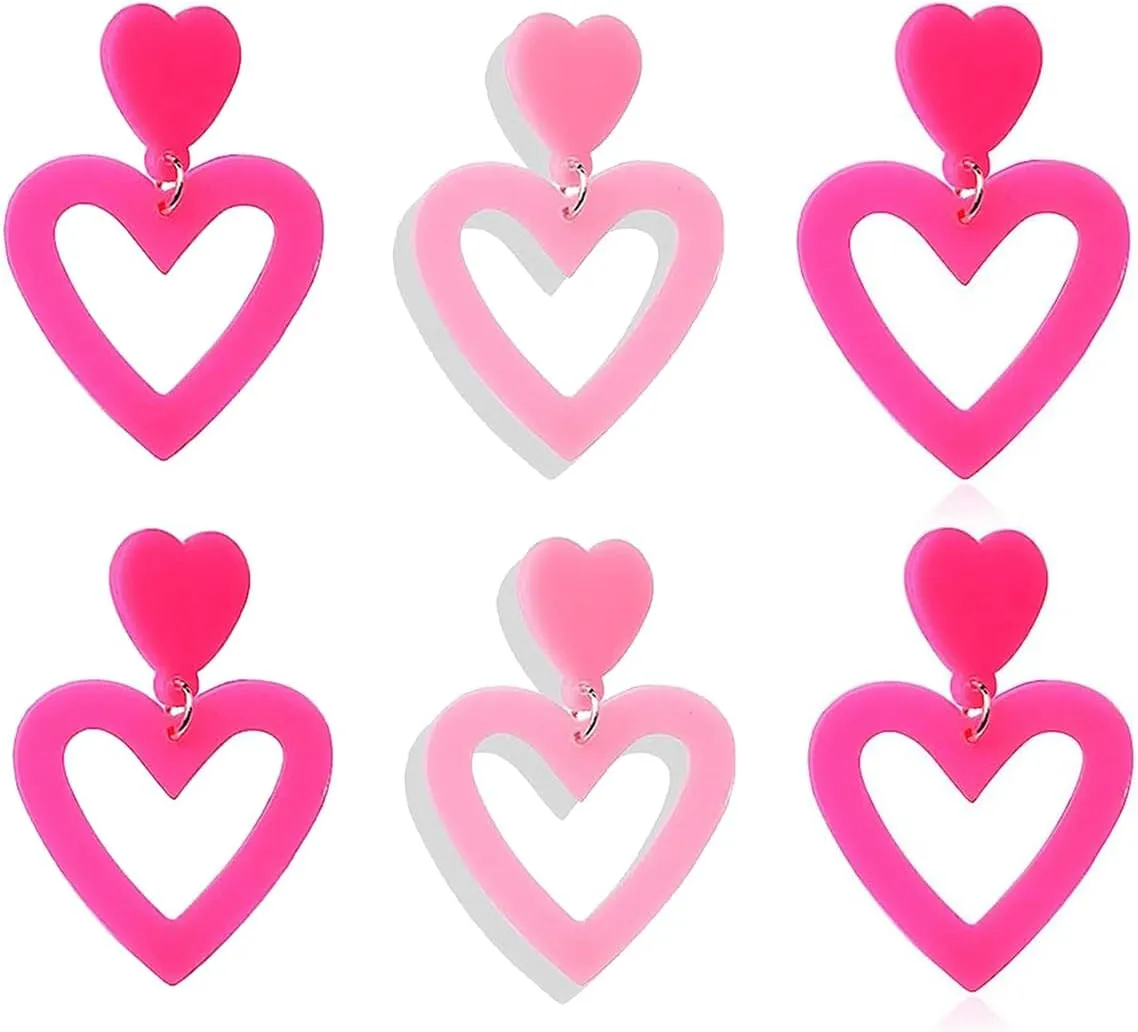 3 Pairs Hot Pink Heart Earrings For Women Red Baublebar Earrings Acrylic Candy-colored Earrings Lightweight Double Love shape Heart Drop Earring