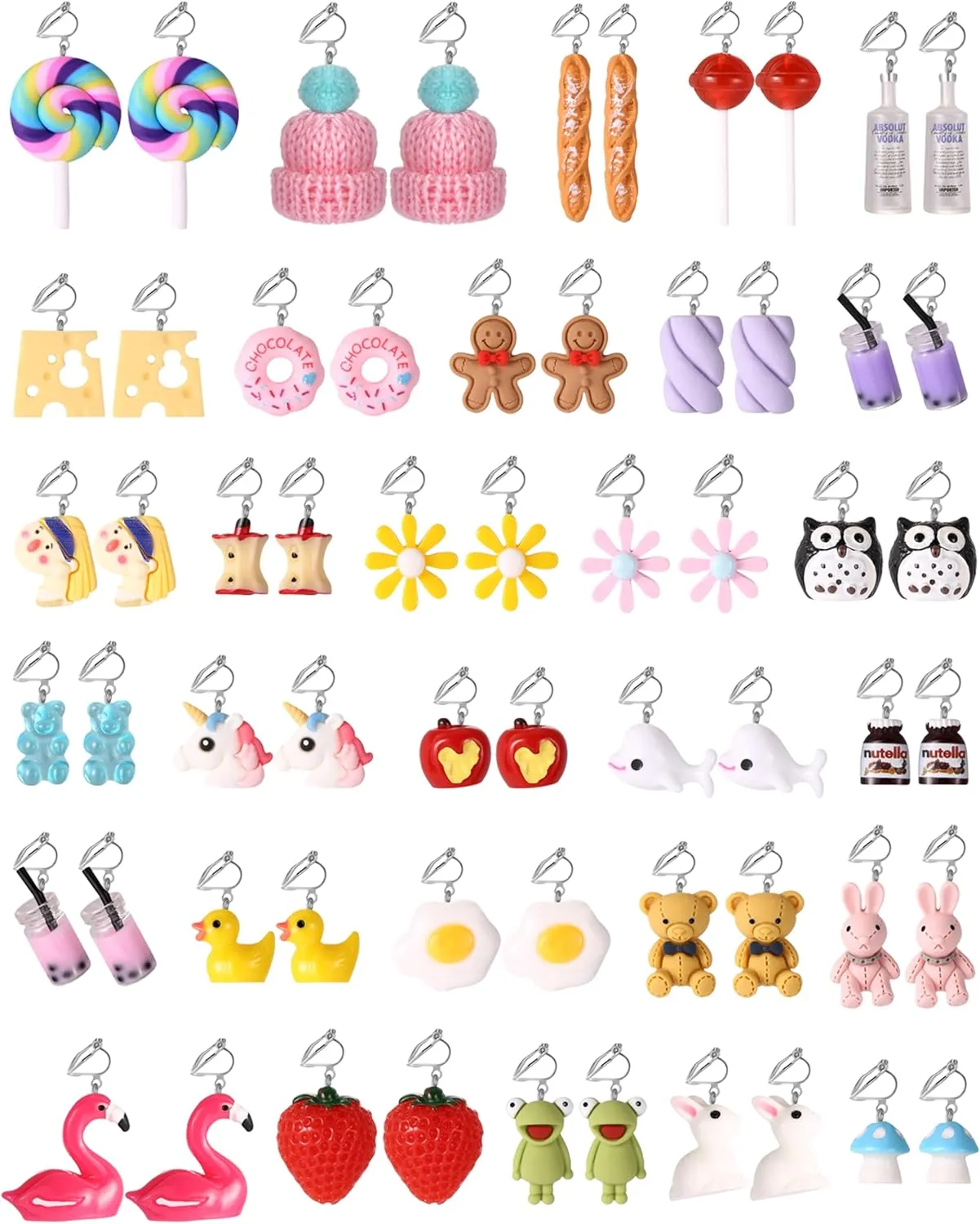 30 Pairs Weird Funny Clip on Earrings Set for Women Girls Cute Mushroom Strawberry Daisy Donut Boba Food Animal Fun Clip Dangle Earrings for Teen Girls Funky Non Pierced Earrings for Women