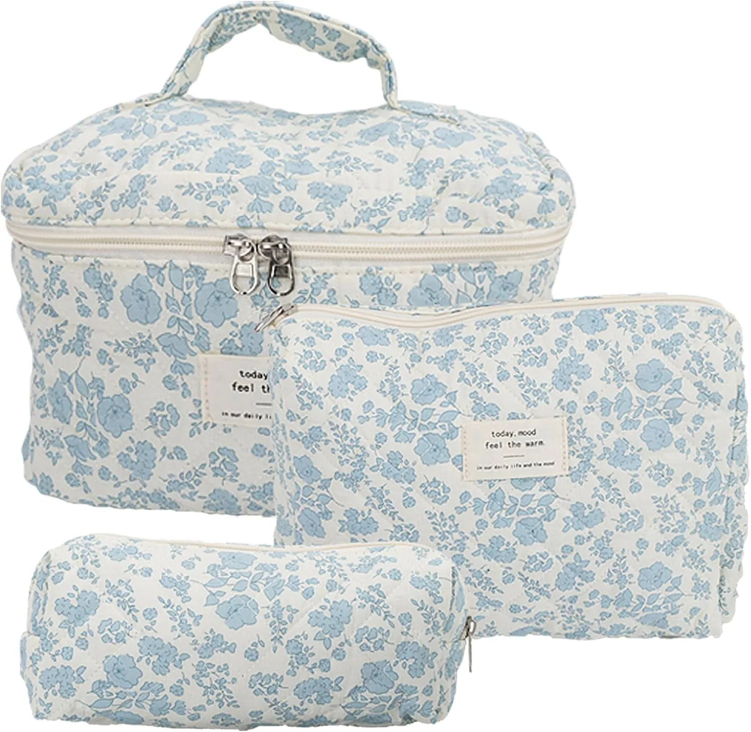 3Pcs Cotton Quilted Makeup Bag Set,Cotton Floral Makeup Bag,Large Travel Cosmetic Bag,Floral Toiletry Bag,Coquette Cute Flower Bag for Women Girls (White background orchid)