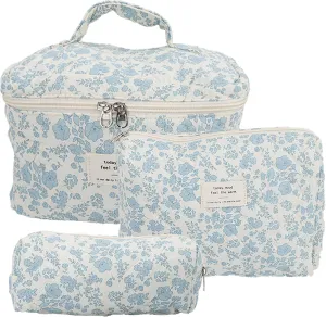3Pcs Cotton Quilted Makeup Bag Set,Cotton Floral Makeup Bag,Large Travel Cosmetic Bag,Floral Toiletry Bag,Coquette Cute Flower Bag for Women Girls (White background orchid)