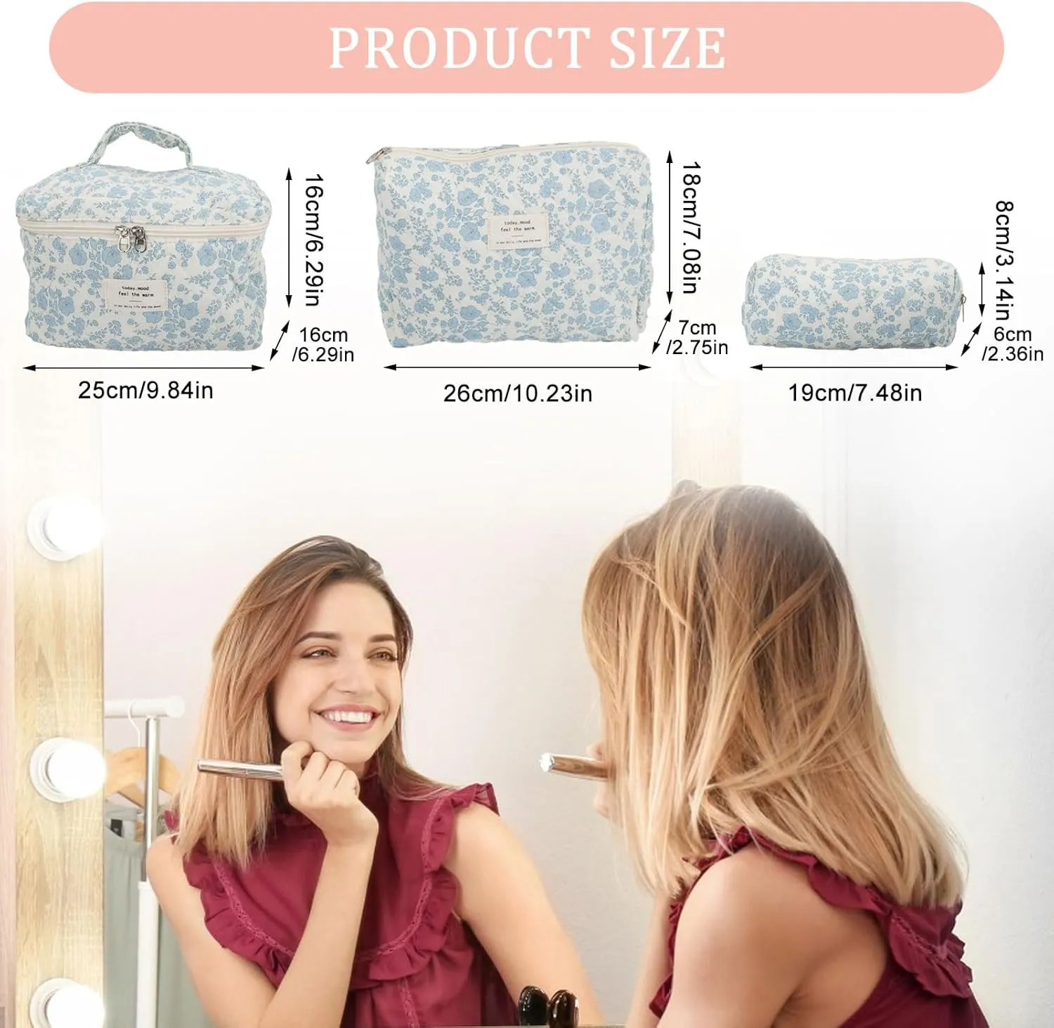 3Pcs Cotton Quilted Makeup Bag Set,Cotton Floral Makeup Bag,Large Travel Cosmetic Bag,Floral Toiletry Bag,Coquette Cute Flower Bag for Women Girls (White background orchid)