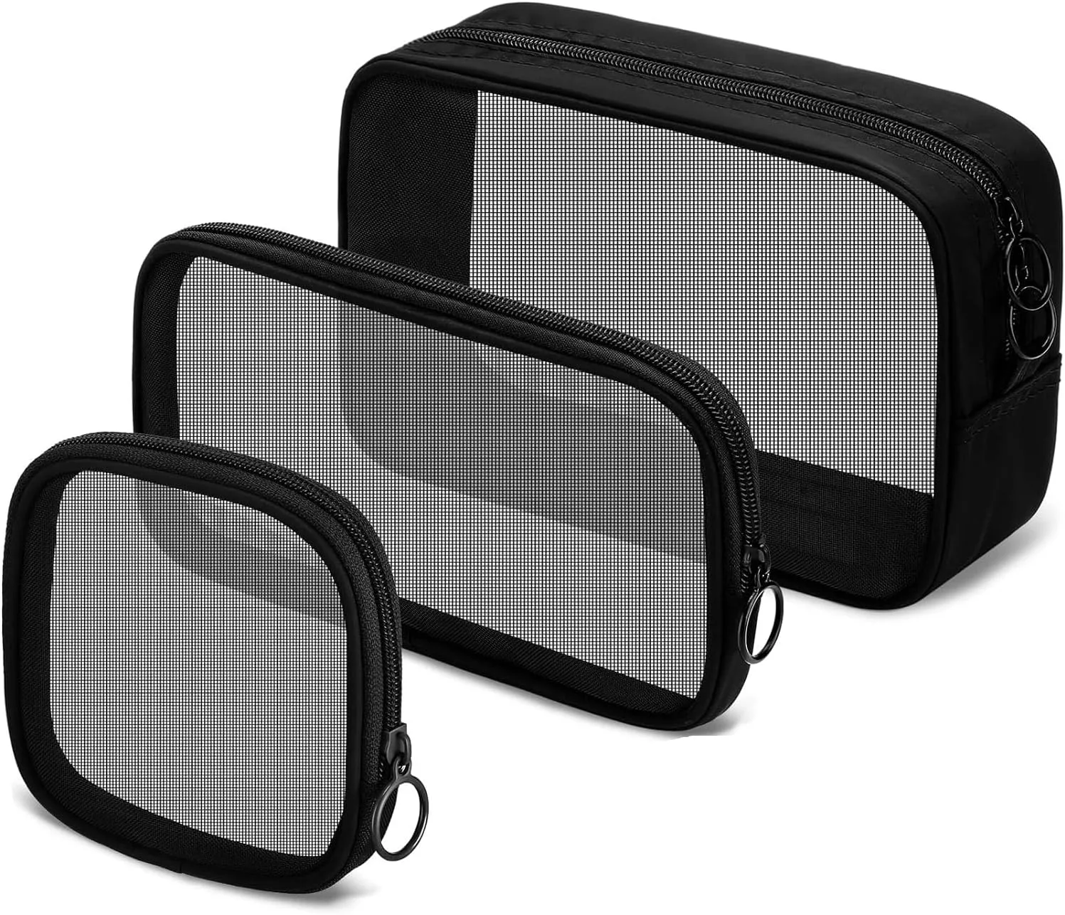 3Pcs Mesh Cosmetic Bag, Mesh Makeup Bag Portable Travel Organizing Pouch Toiletry Bag with Zipper for Home Office Travel Accessories,3 Sizes (Black)