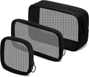 3Pcs Mesh Cosmetic Bag, Mesh Makeup Bag Portable Travel Organizing Pouch Toiletry Bag with Zipper for Home Office Travel Accessories,3 Sizes (Black)