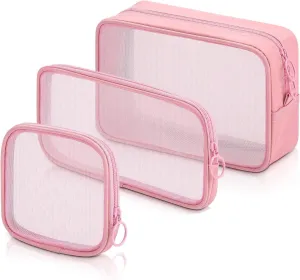 3Pcs Mesh Cosmetic Bag, Mesh Makeup Bag Portable Travel Organizing Pouch Toiletry Bag with Zipper for Home Office Travel Accessories,3 Sizes (Pink)