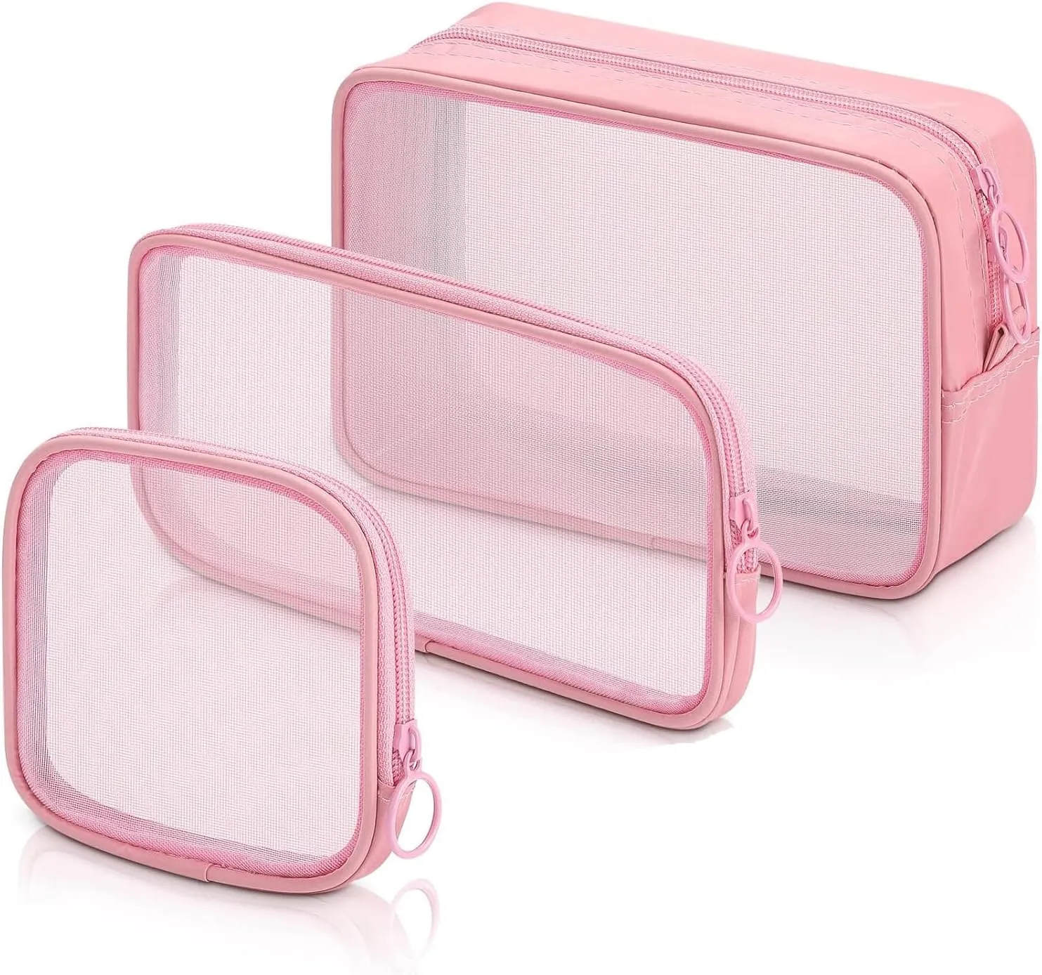 3Pcs Mesh Cosmetic Bag, Mesh Makeup Bag Portable Travel Organizing Pouch Toiletry Bag with Zipper for Home Office Travel Accessories,3 Sizes (Pink)