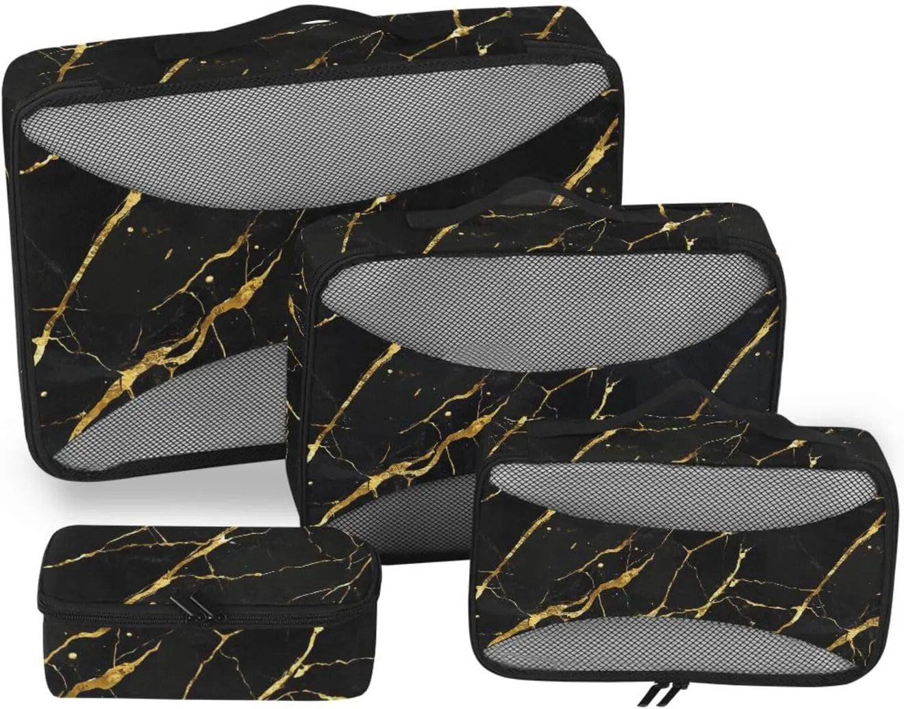 4 Pcs set cube storage organizer Mesh Travel Essentials Black Gold Marble expandable cubes for diaper bag