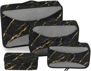 4 Pcs set cube storage organizer Mesh Travel Essentials Black Gold Marble expandable cubes for diaper bag