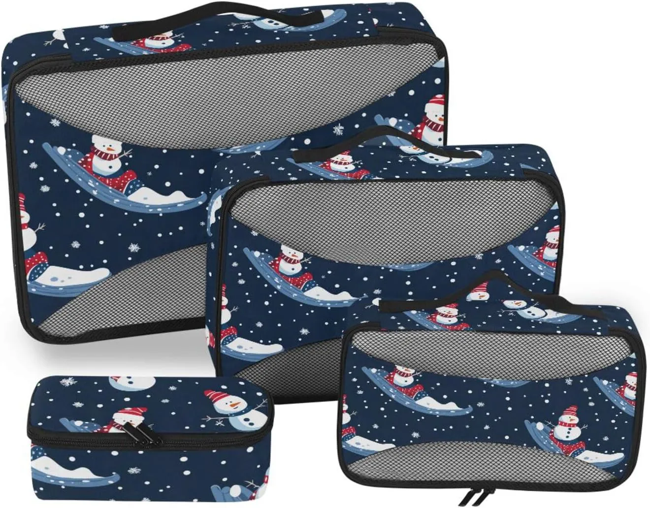 4 Pcs set organizer bags for Mesh Travel Essentials Christmas Blue Snowman Sledding lightweight cubes for diaper bag