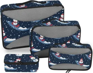 4 Pcs set organizer bags for Mesh Travel Essentials Christmas Blue Snowman Sledding lightweight cubes for diaper bag