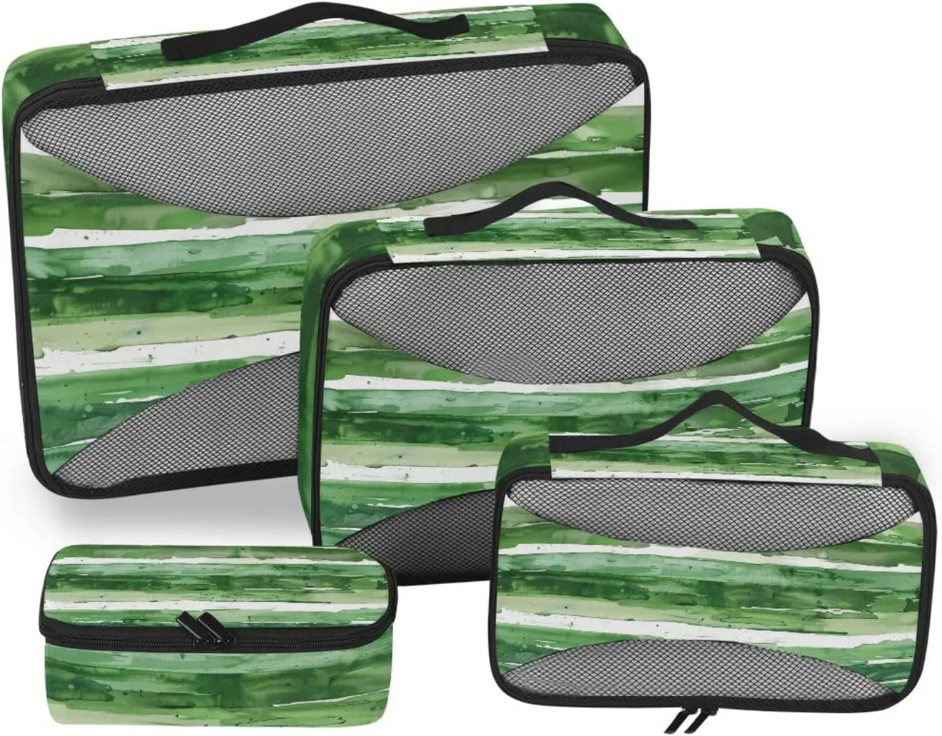 4 Pcs set organizer bags set Mesh Travel Essentials Green and White Horizontal Stripes portable packing cubes for diaper