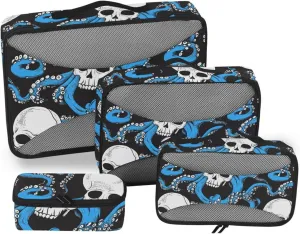 4 Pcs set travel organizers for Mesh Travel Essentials Halloween Black and White Skull Blue animal sea lightweight cubes for diaper bag