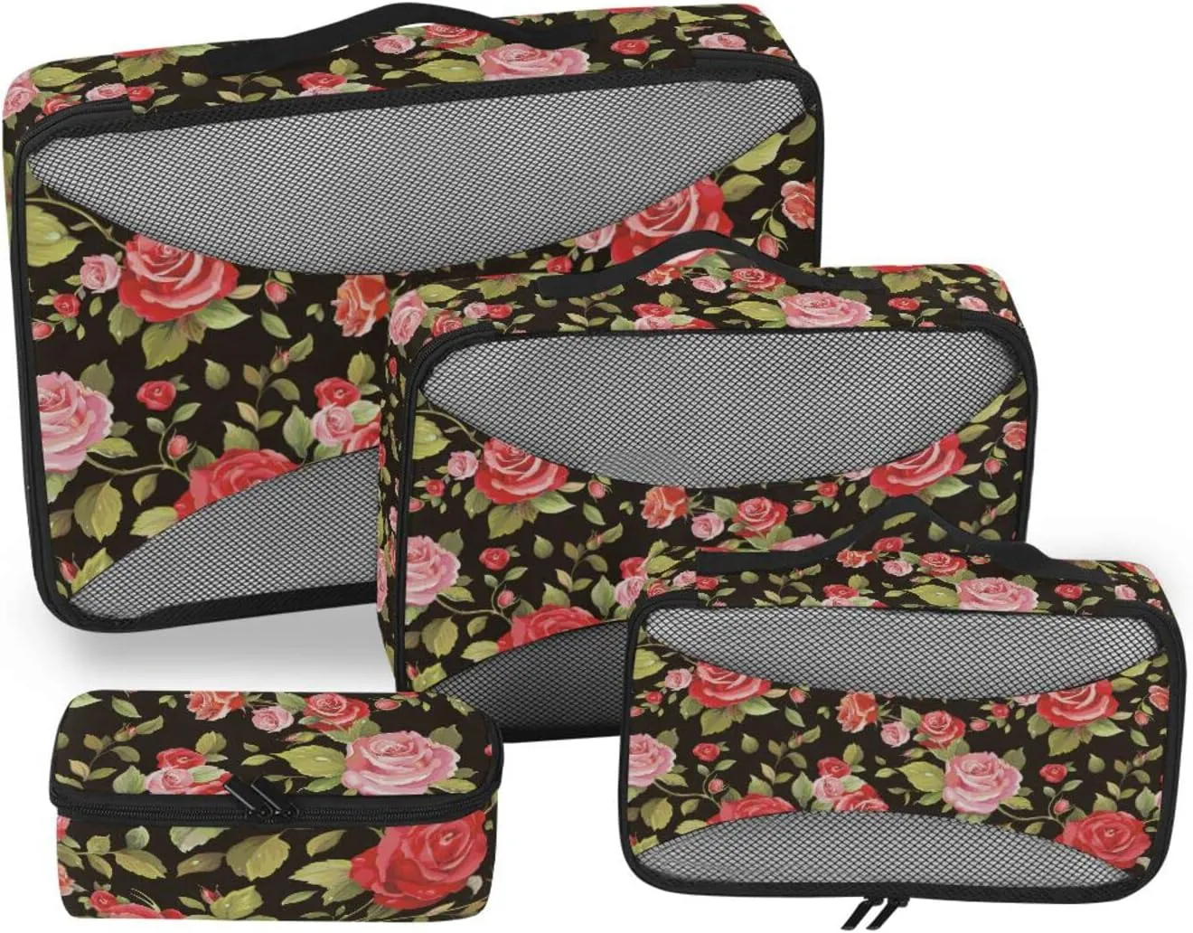 4 Pcs Travel Packing Cubes for Suitcases Red Rose Flower Black Travel Packing Cubes Visible Luggage Cubes Organizers Suitcase Organizer Bags Set