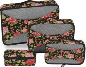 4 Pcs Travel Packing Cubes for Suitcases Red Rose Flower Black Travel Packing Cubes Visible Luggage Cubes Organizers Suitcase Organizer Bags Set