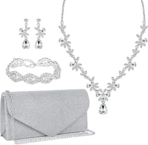 4 Pieces Silver Clutch Purses Rhinestone Crystal Choker Necklace Teardrop Dangle Earrings Link Tennis Bracelet Jewelry Set Evening Bag Handbag Crossbody Envelope for Women