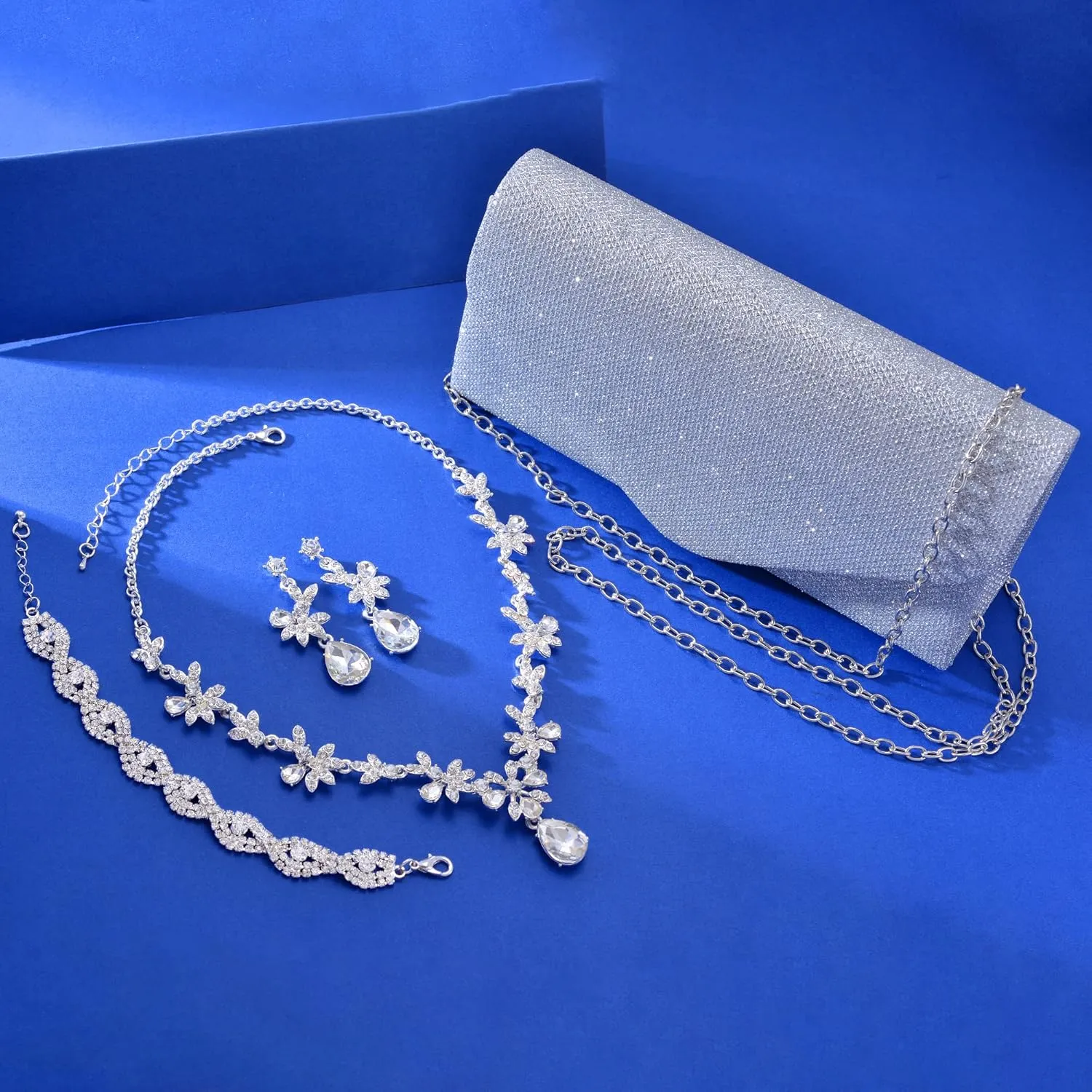 4 Pieces Silver Clutch Purses Rhinestone Crystal Choker Necklace Teardrop Dangle Earrings Link Tennis Bracelet Jewelry Set Evening Bag Handbag Crossbody Envelope for Women