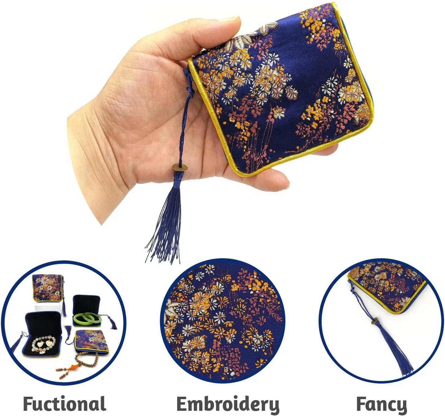 4pc Zipper Jewelry Pouches Brocade Cosmetic Bags Embroidered Coin Purses Wallets for Women