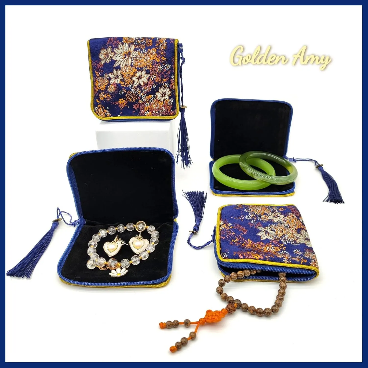 4pc Zipper Jewelry Pouches Brocade Cosmetic Bags Embroidered Coin Purses Wallets for Women