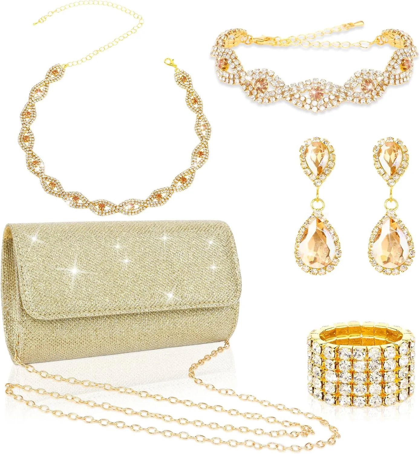 5 Pieces Clutch Purse Rhinestone Jewelry Sets for Women Prom Necklace Earrings Bracelet Ring Bling Glitter Purse Formal Jewelry for Women Evening Wear